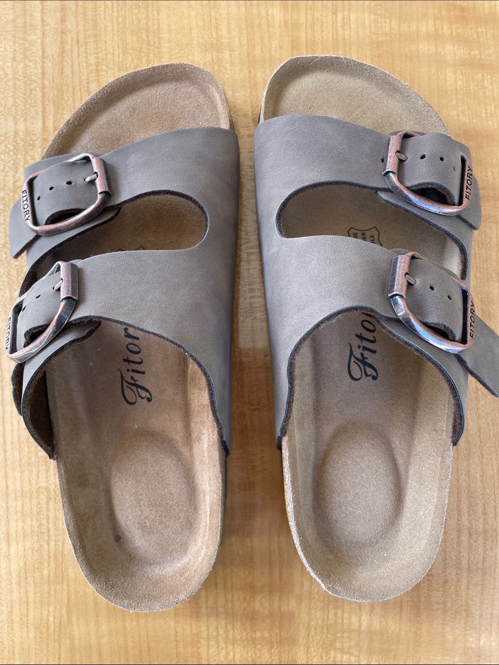 Fitory Women’s Taupe Double-Buckle Leather Slide Sandals Size 7